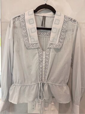 Light Blue, Lightweight Cotton, Lace-Trim Blouse - Women's Top